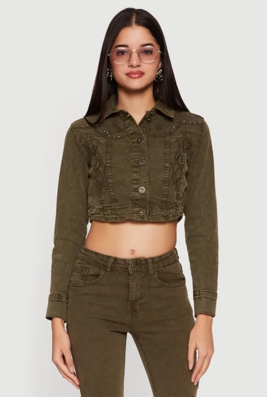 Studded Embroidered Cropped Button Front Denim Jacket sold by Rainbow