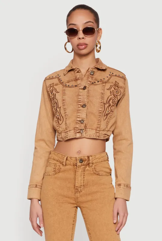 Studded Embroidered Cropped Button Front Denim Jacket sold by Rainbow