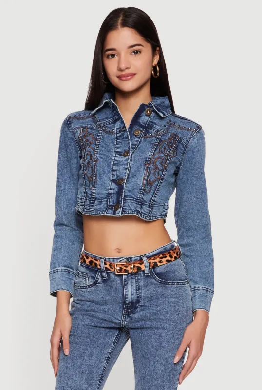 Studded Embroidered Cropped Button Front Denim Jacket sold by Rainbow
