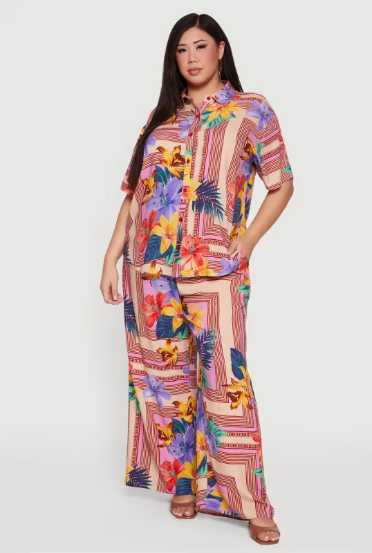 Plus Size High Waisted Floral Print Wide Leg Casual Pants sold by Rainbow