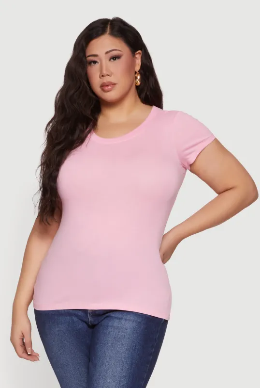 Plus Size Solid Short Sleeve Crew Neck Tee made by Rainbow
