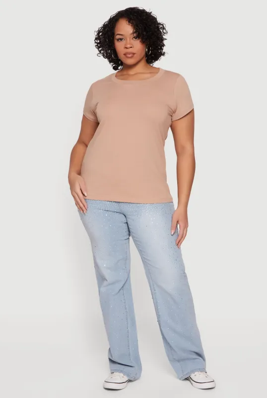 Plus Size Solid Short Sleeve Crew Neck Tee sold by Rainbow