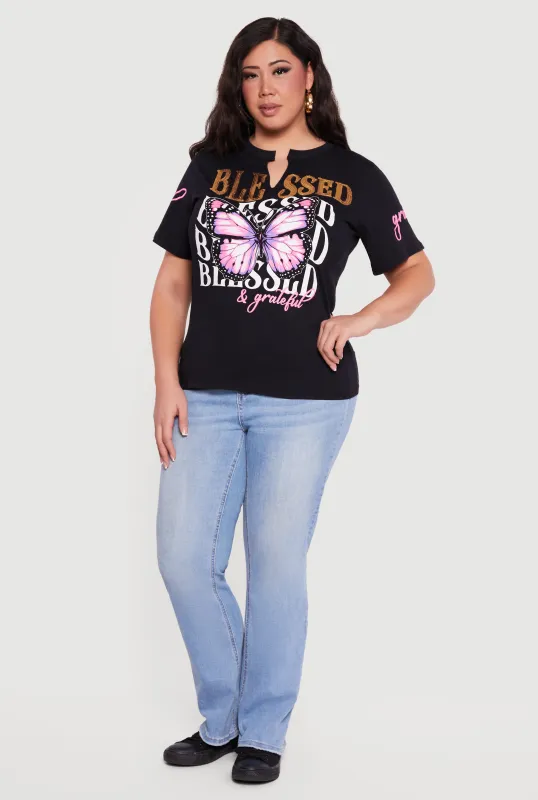 Plus Size Blessed and Grateful Notch Neck Graphic Tee sold by Rainbow