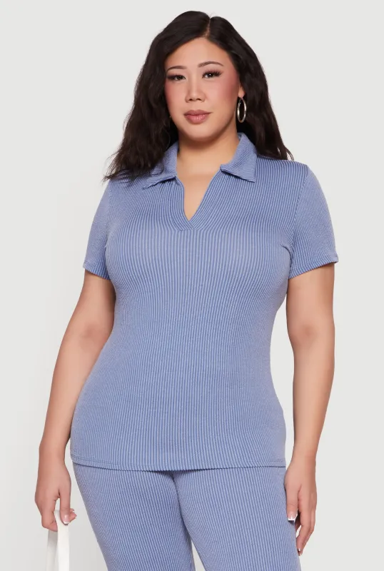 Plus Size Solid Rib Knit Short Sleeve Polo Top sold by Rainbow