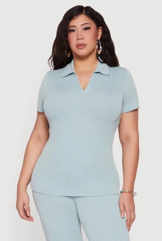 Plus Size Solid Rib Knit Short Sleeve Polo Top sold by Rainbow