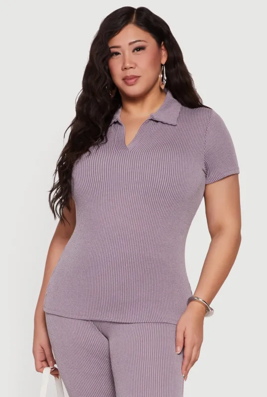 Plus Size Solid Rib Knit Short Sleeve Polo Top sold by Rainbow