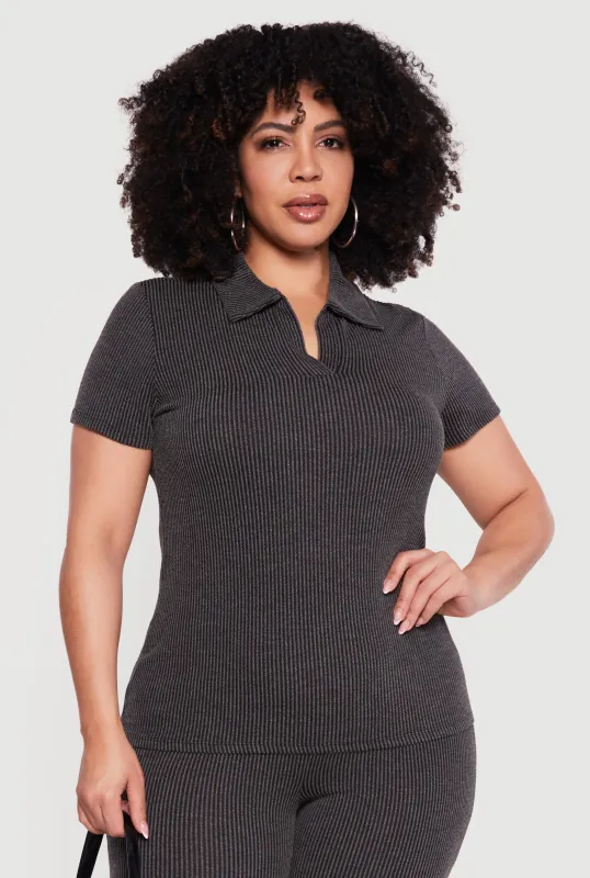Plus Size Solid Rib Knit Short Sleeve Polo Top sold by Rainbow