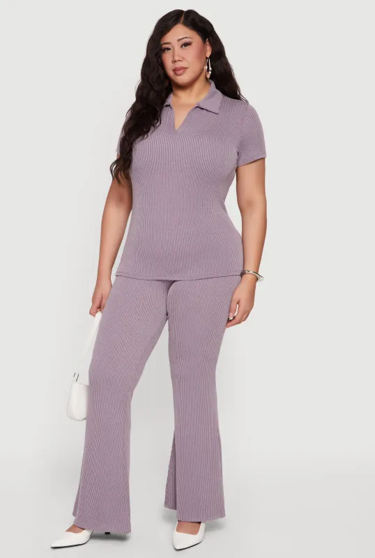 Plus Size Solid Rib Knit High Waisted Wide Leg Pants sold by Rainbow