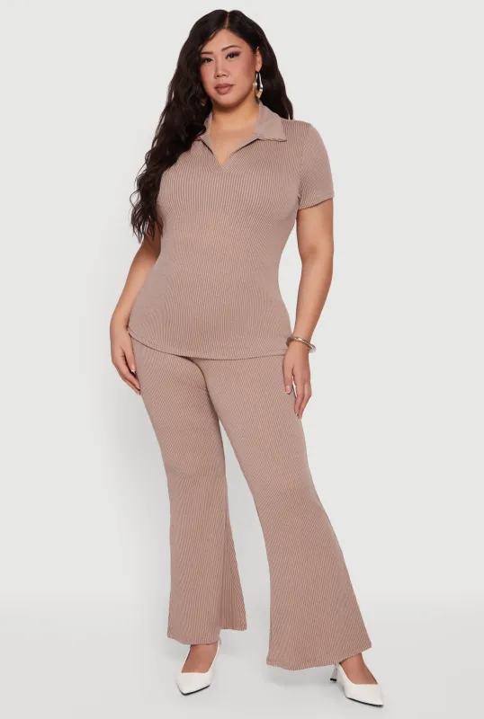 Plus Size Solid Rib Knit High Waisted Wide Leg Pants sold by Rainbow