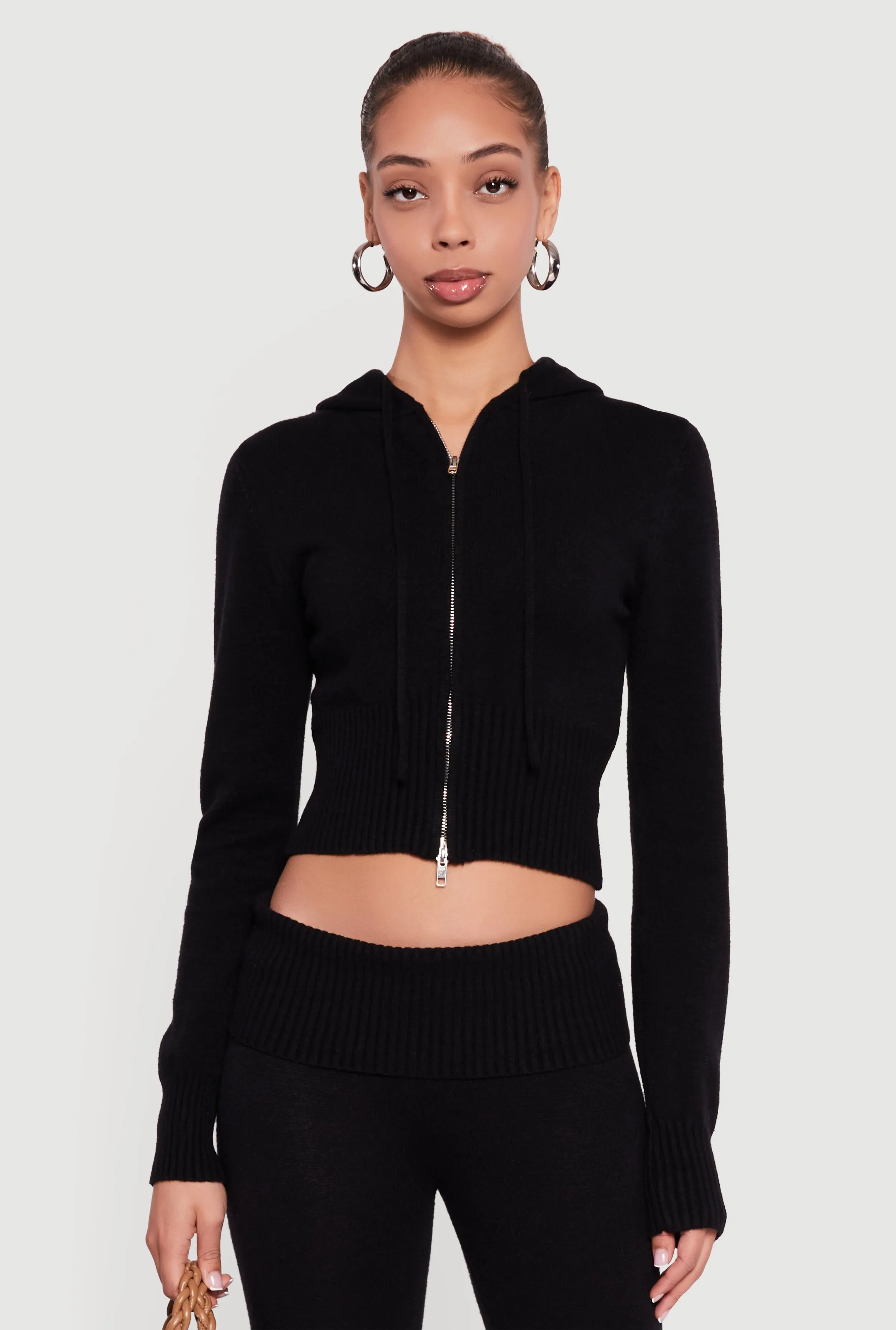 Cropped Ribbed Knit Zip Front Hooded Cardigan sold by Rainbow