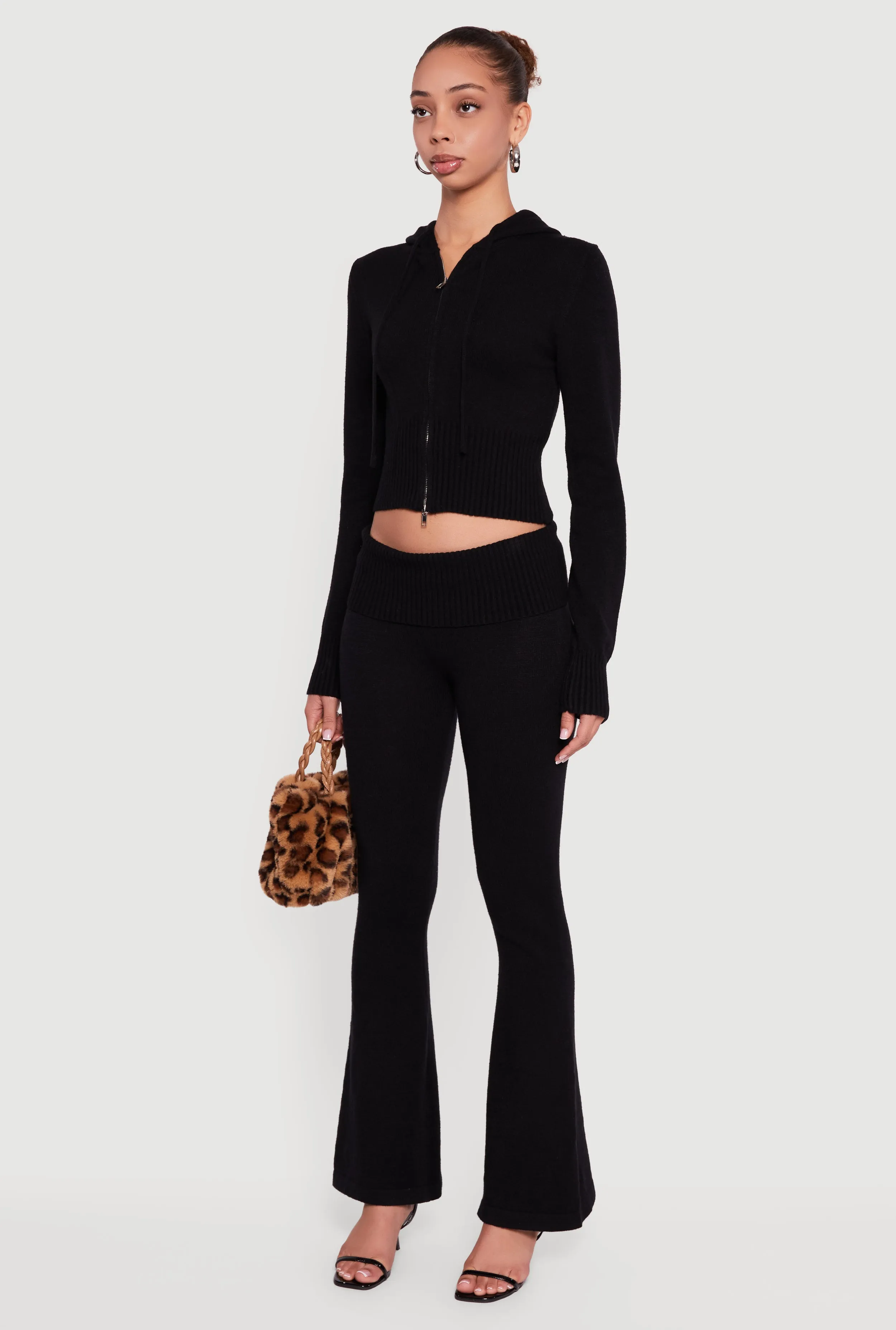 Cropped Ribbed Knit Zip Front Hooded Cardigan sold by Rainbow product image thumbnail 5