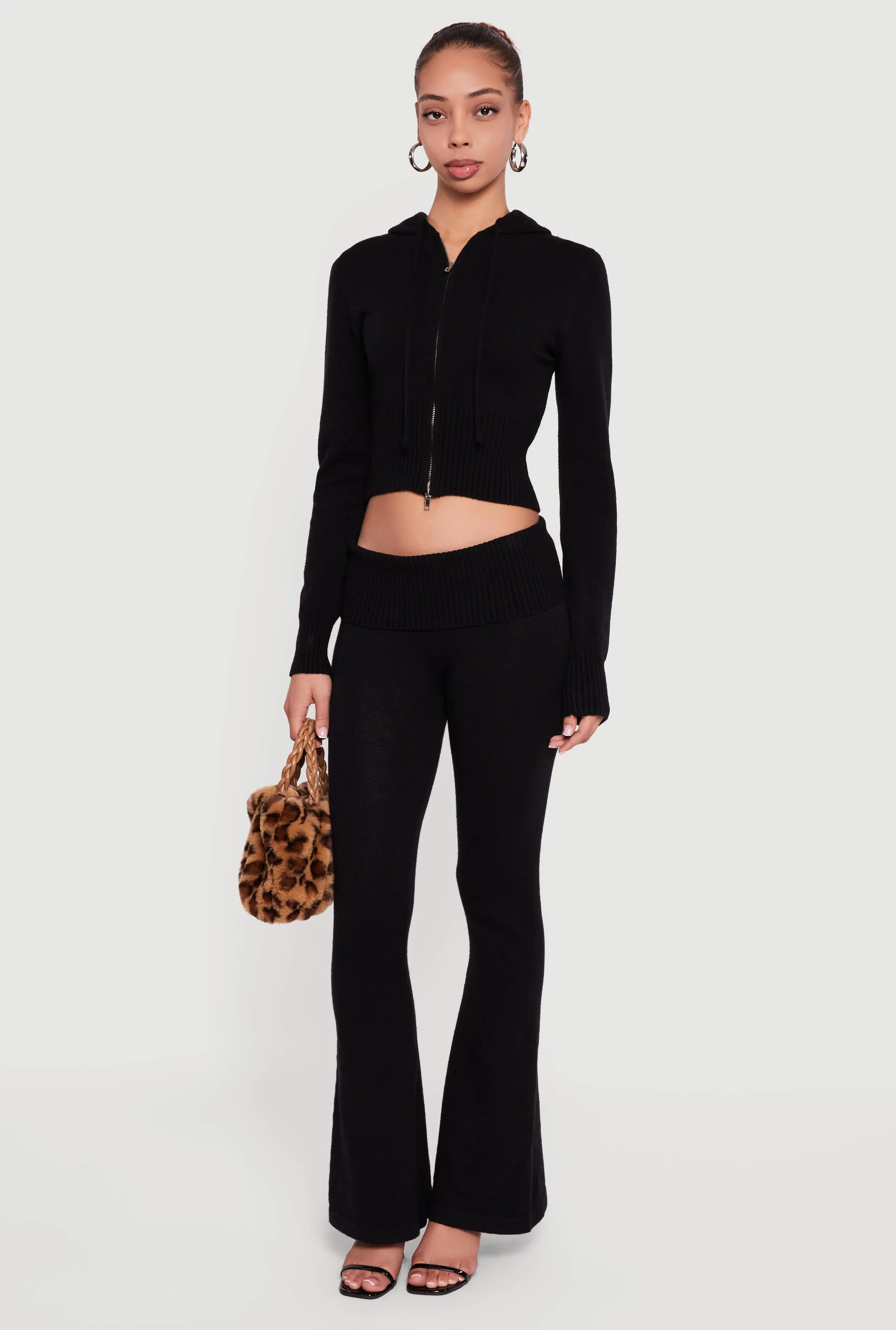 Cropped Ribbed Knit Zip Front Hooded Cardigan sold by Rainbow product image thumbnail 2