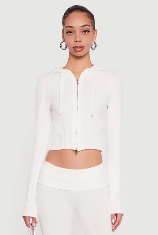 Cropped Ribbed Knit Zip Front Hooded Cardigan made by Rainbow