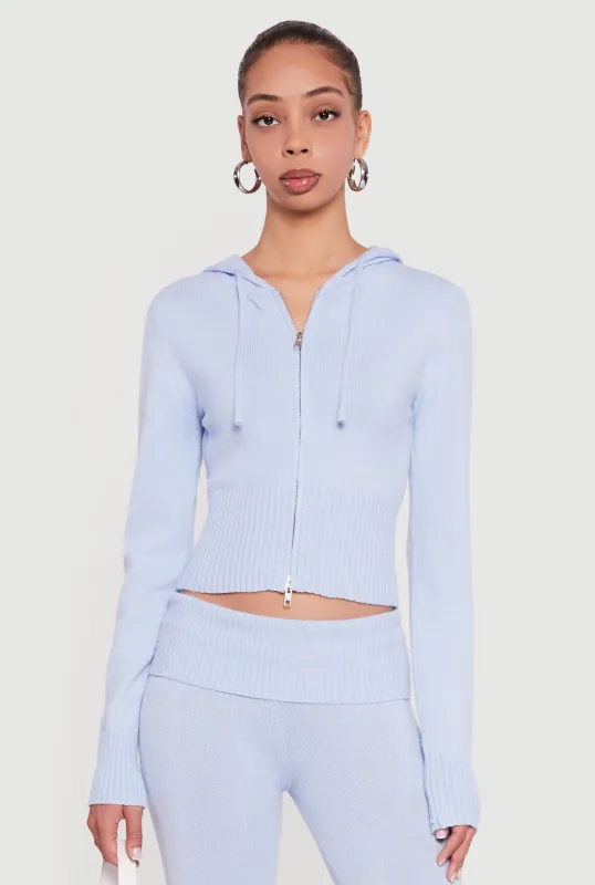Cropped Ribbed Knit Zip Front Hooded Cardigan made by Rainbow