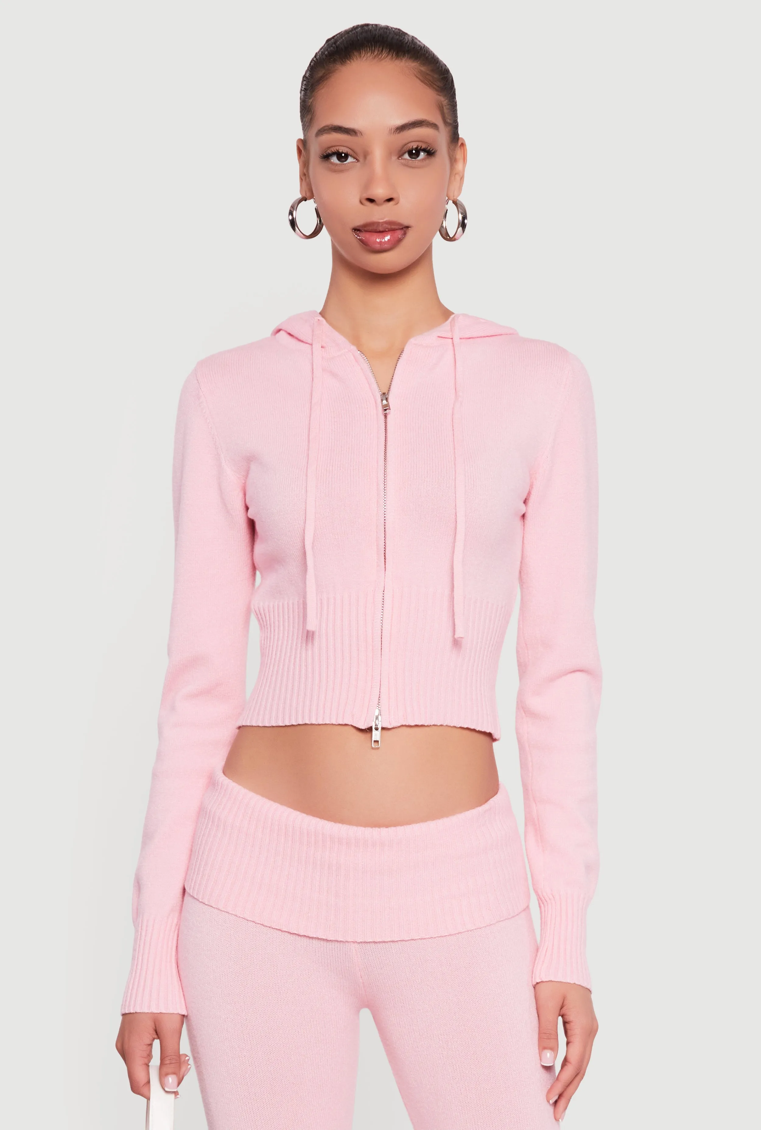 Cropped Ribbed Knit Zip Front Hooded Cardigan sold by Rainbow product image thumbnail 4