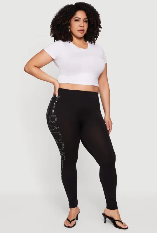 Plus Size High Waisted Rhinestone Baddie Graphic Leggings sold by Rainbow