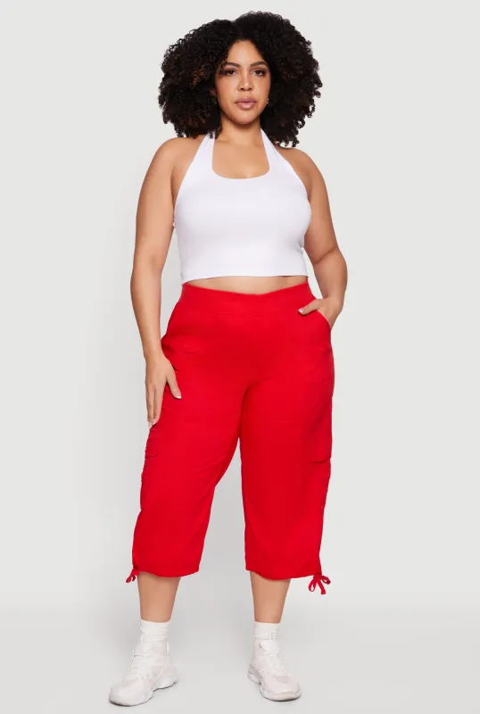 Plus Size Drawstring Hem Cargo Capri Pants made by Rainbow