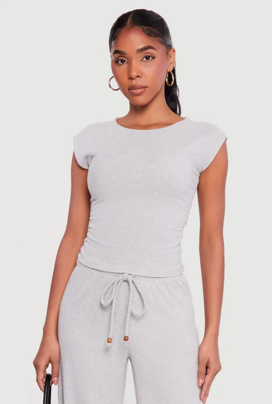 Brushed Ribbed Knit Ruched Cap Sleeve Top made by Haute Monde
