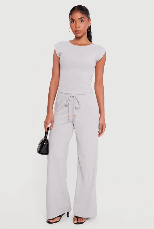 Brushed Rib Knit Drawstring Waist Wide Leg Pants sold by Rainbow