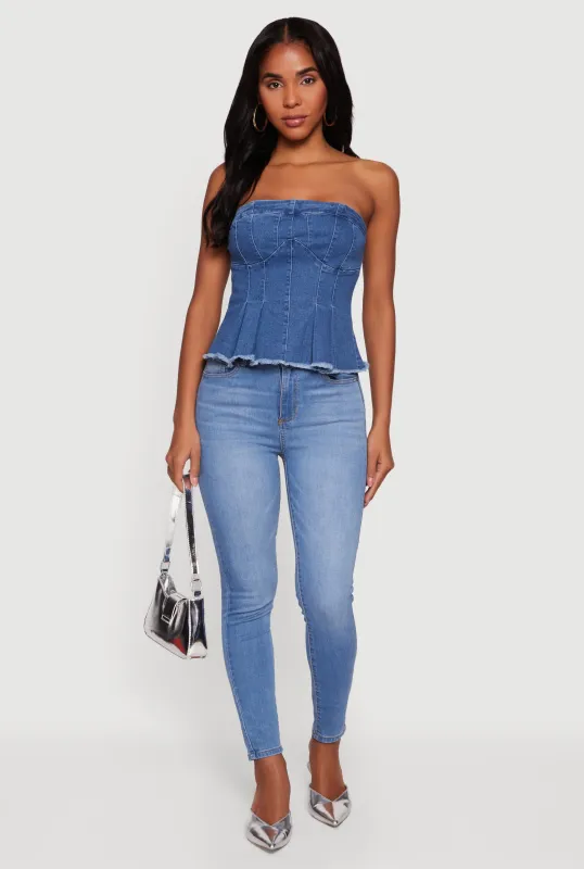 Denim Frayed Hem Peplum Tube Top sold by Rainbow