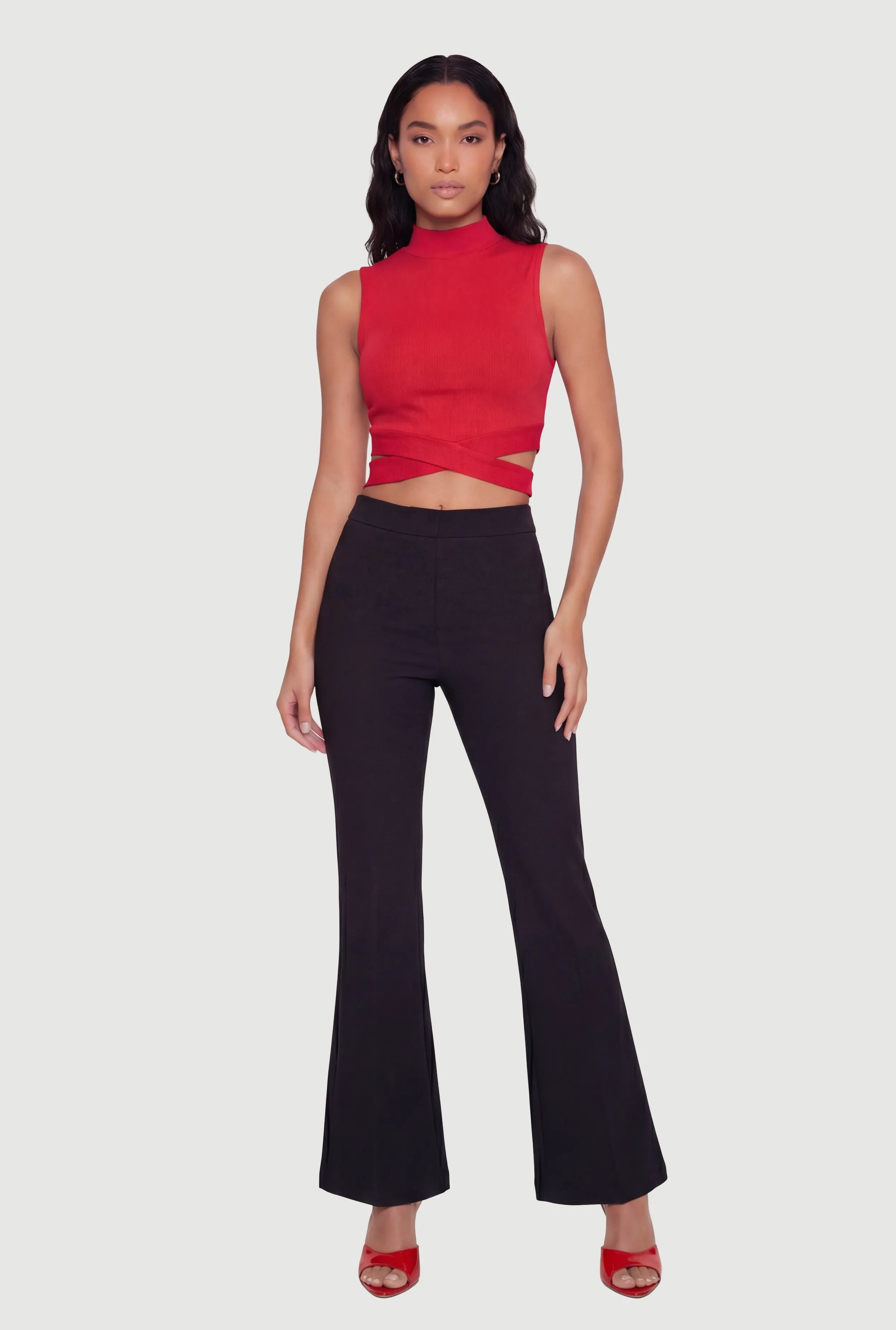 Rib Knit Criss Cross Hem Mock Neck Crop Top sold by Rainbow product image thumbnail 2