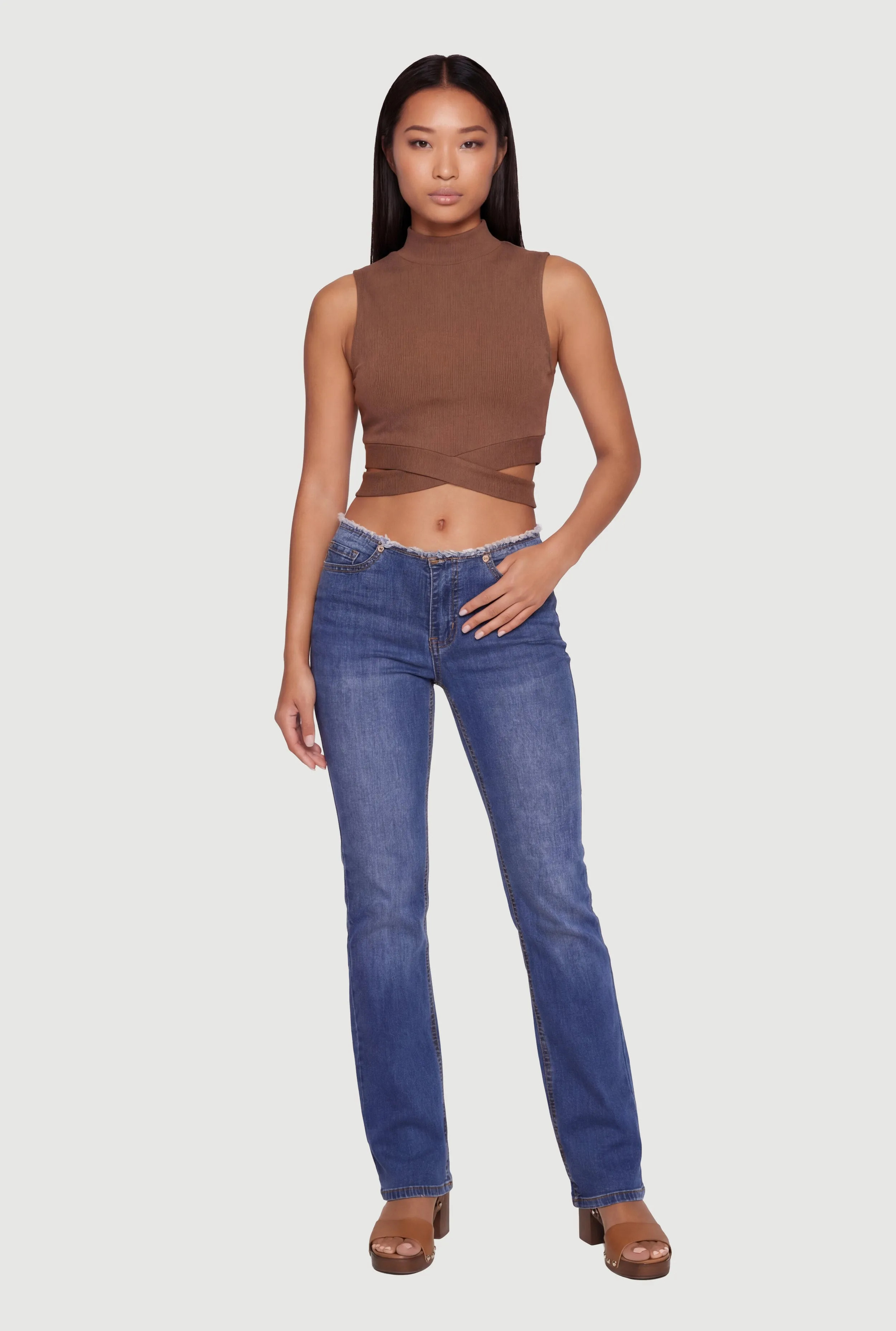 Rib Knit Criss Cross Hem Mock Neck Crop Top sold by Rainbow product image thumbnail 5