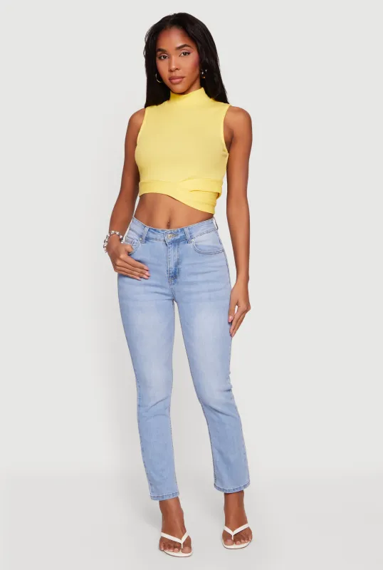 Rib Knit Criss Cross Hem Mock Neck Crop Top sold by Rainbow