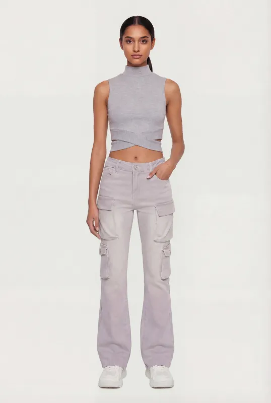 Rib Knit Criss Cross Hem Mock Neck Crop Top made by Ambiance