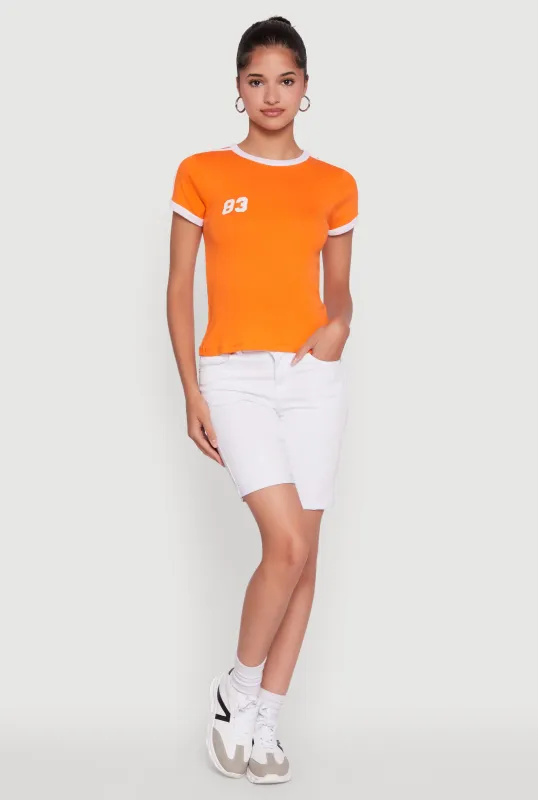 Stylish 83 Graphic Contrast Trim Tee sold by Rainbow