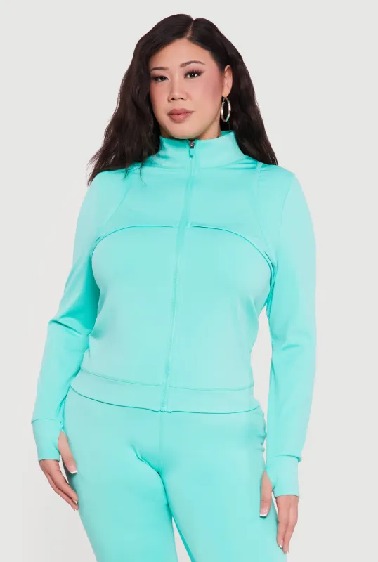 Plus Size Zip Front Mock Neck Jacket with Thumb Holes sold by Rainbow