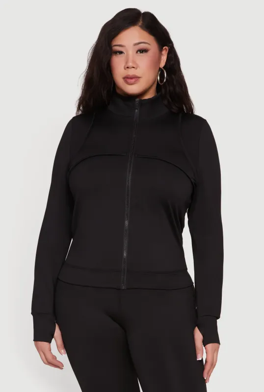 Plus Size Zip Front Mock Neck Jacket with Thumb Holes sold by Rainbow