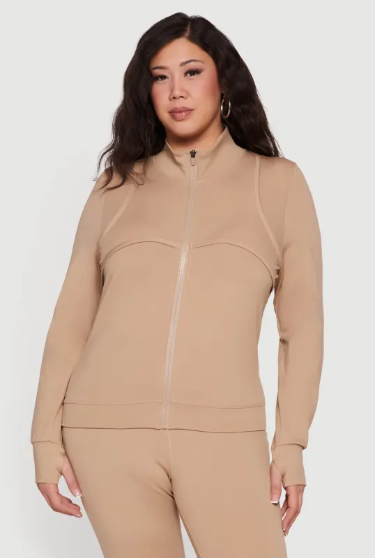 Plus Size Zip Front Mock Neck Jacket with Thumb Holes sold by Rainbow
