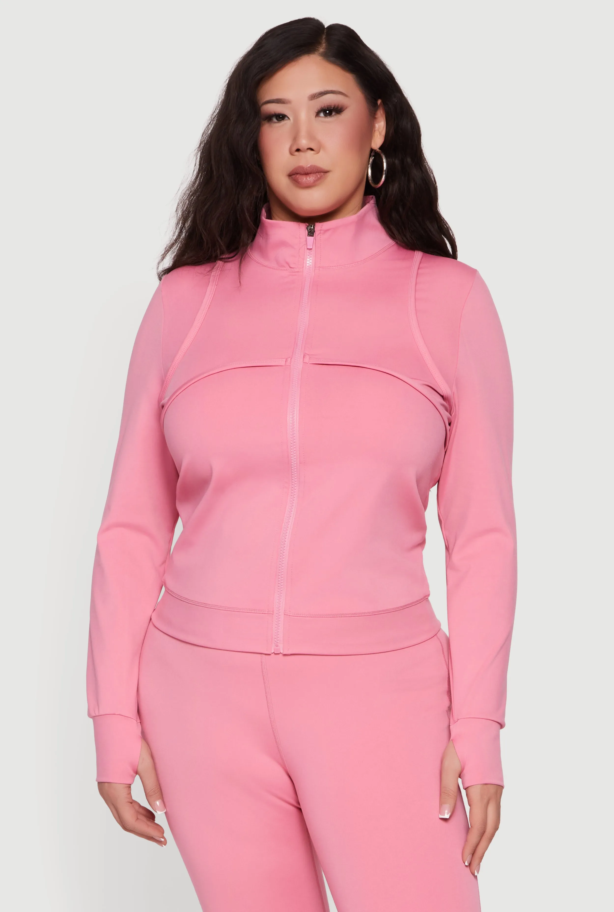 Plus Size Zip Front Mock Neck Jacket with Thumb Holes sold by Rainbow