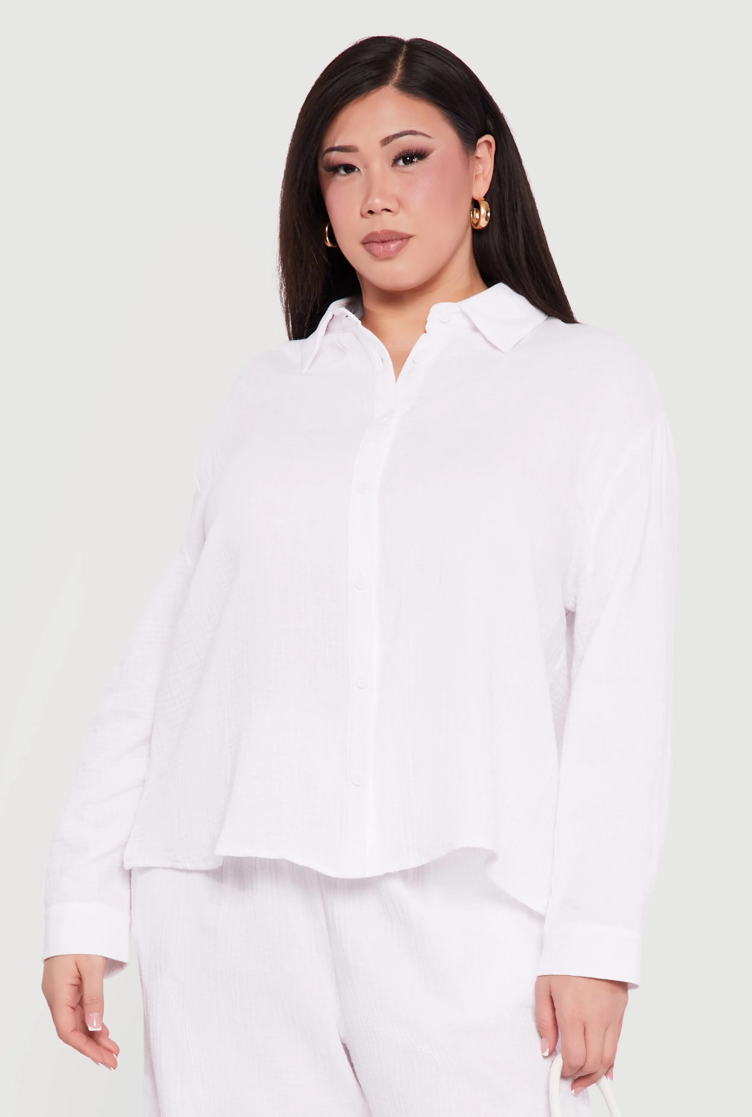 Plus Size Tie Back Button Front Shirt sold by Rainbow
