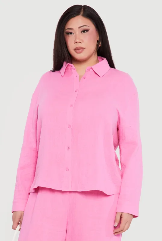 Plus Size Tie Back Button Front Shirt made by Rainbow