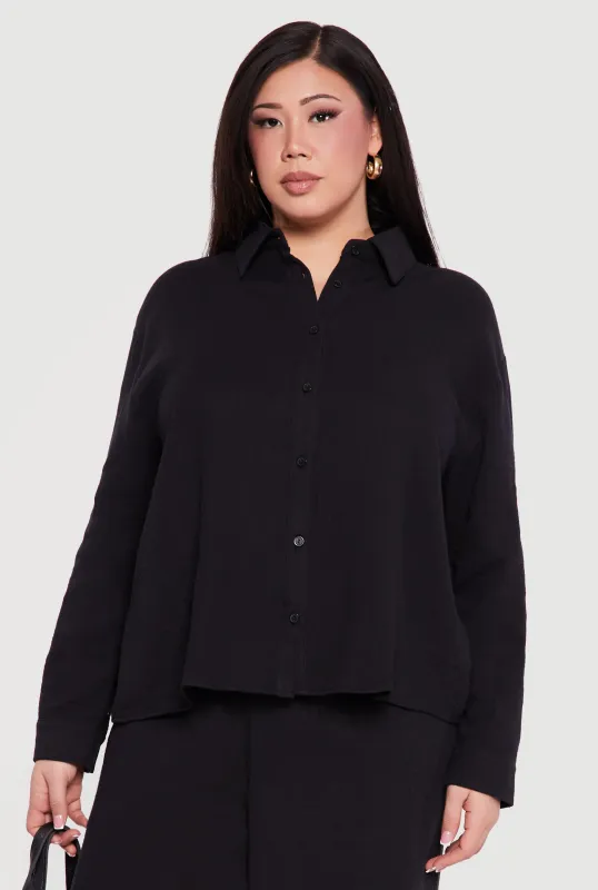 Plus Size Tie Back Button Front Shirt made by Rainbow