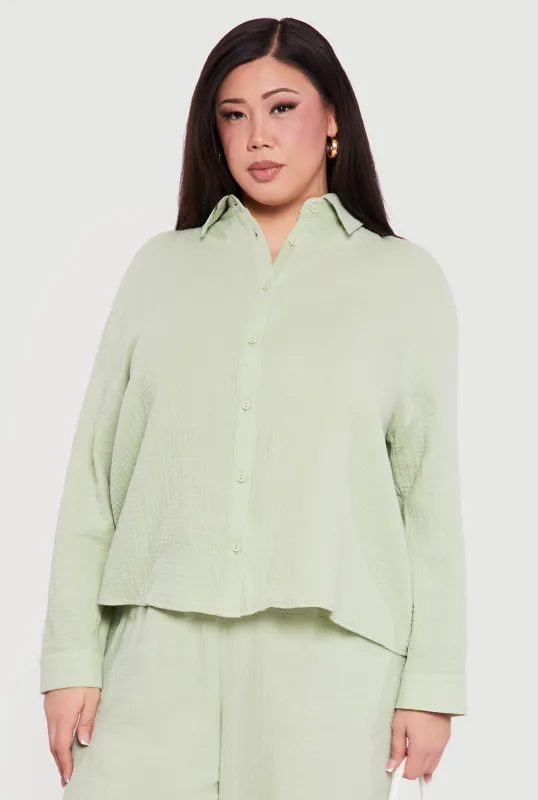 Plus Size Tie Back Button Front Shirt made by Rainbow