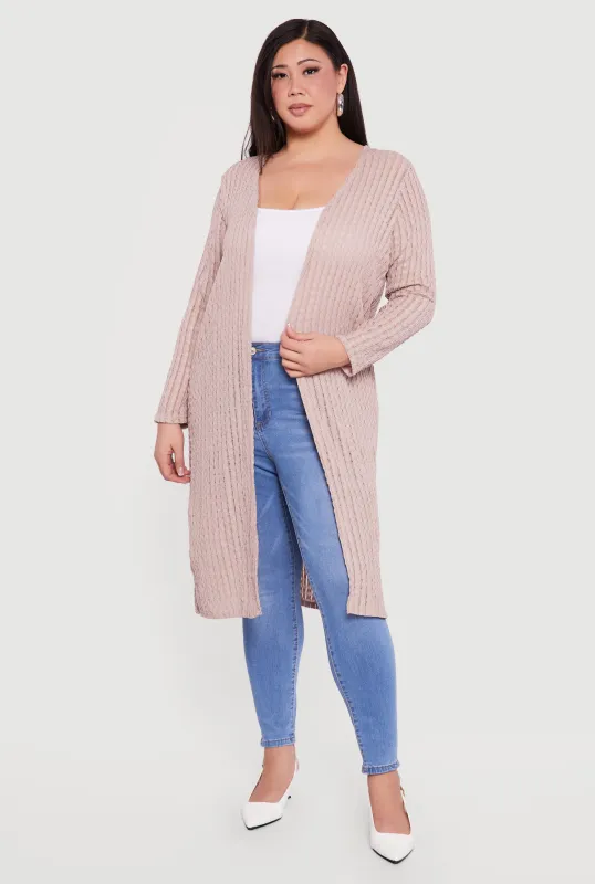 Plus Size Textured Knit Long Sleeve Open Front Duster sold by Rainbow