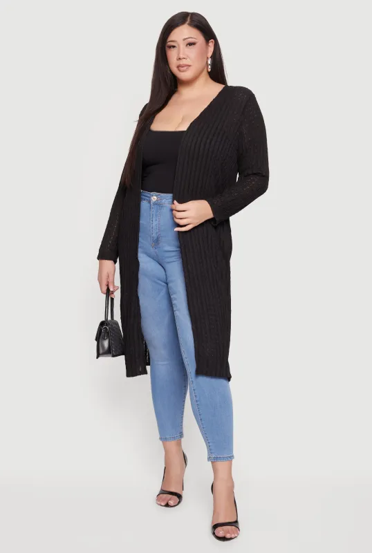 Plus Size Textured Knit Long Sleeve Open Front Duster sold by Rainbow