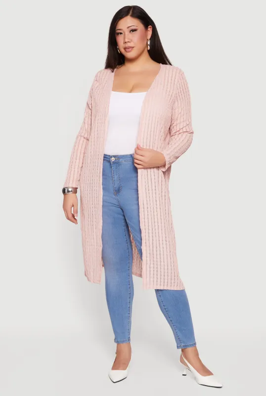 Plus Size Textured Knit Long Sleeve Open Front Duster sold by Rainbow