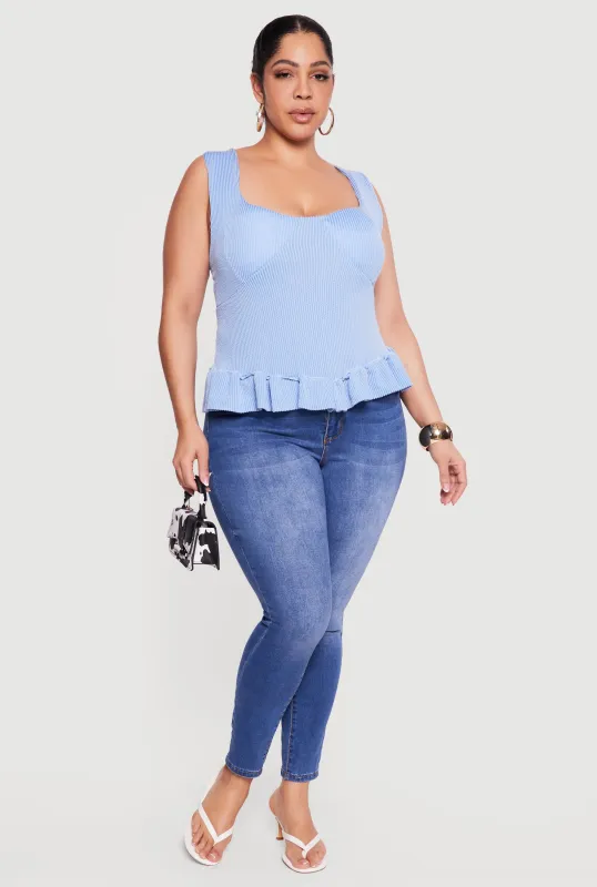 Plus Size Sleeveless Rib Knit Ruffle Hem Top made by Rainbow