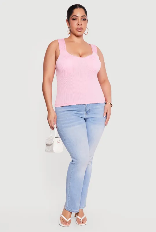 Plus Size Solid Rib Knit Scoop Neck Tank Top made by Rainbow