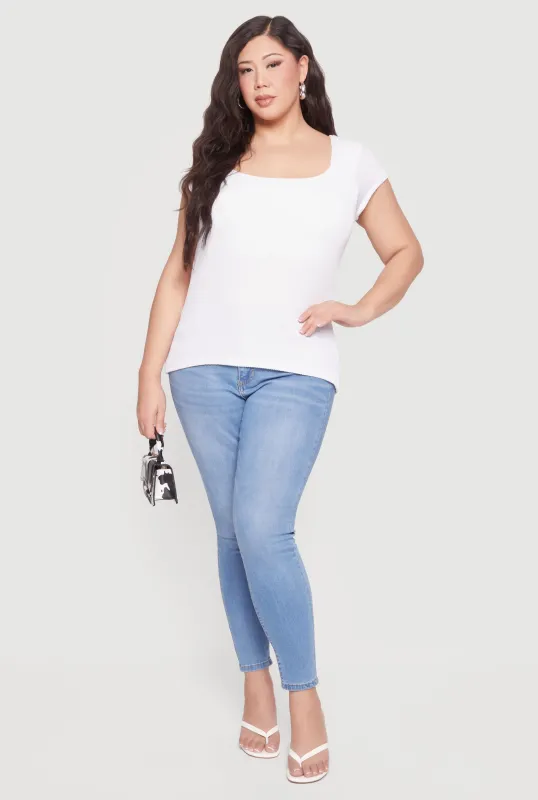 Plus Size Rib Knit Cap Sleeve Square Neck Top sold by Rainbow