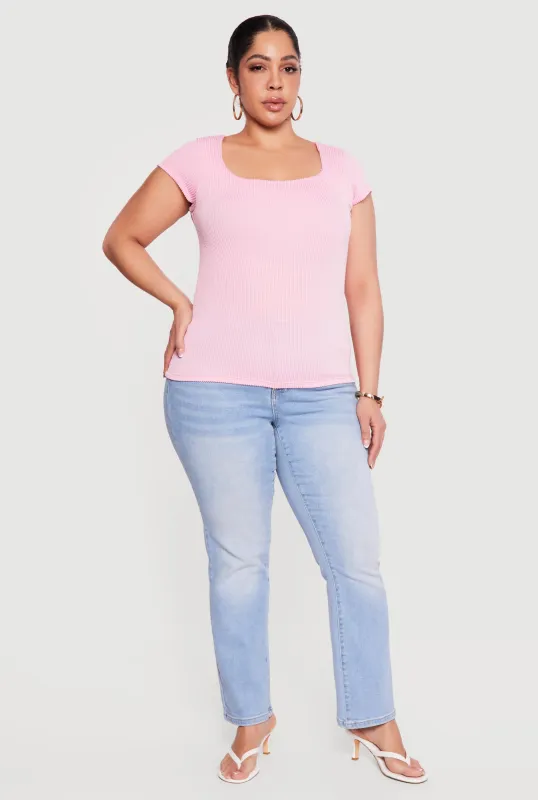 Plus Size Rib Knit Cap Sleeve Square Neck Top sold by Rainbow