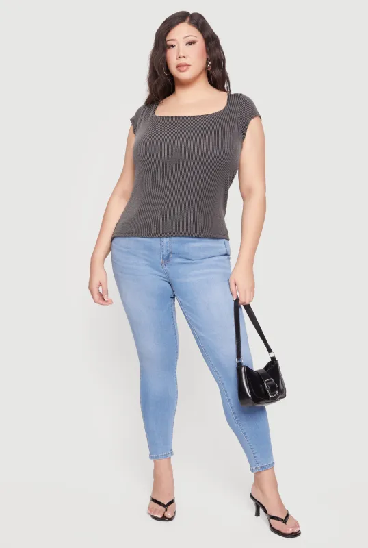 Plus Size Rib Knit Cap Sleeve Square Neck Top sold by Rainbow