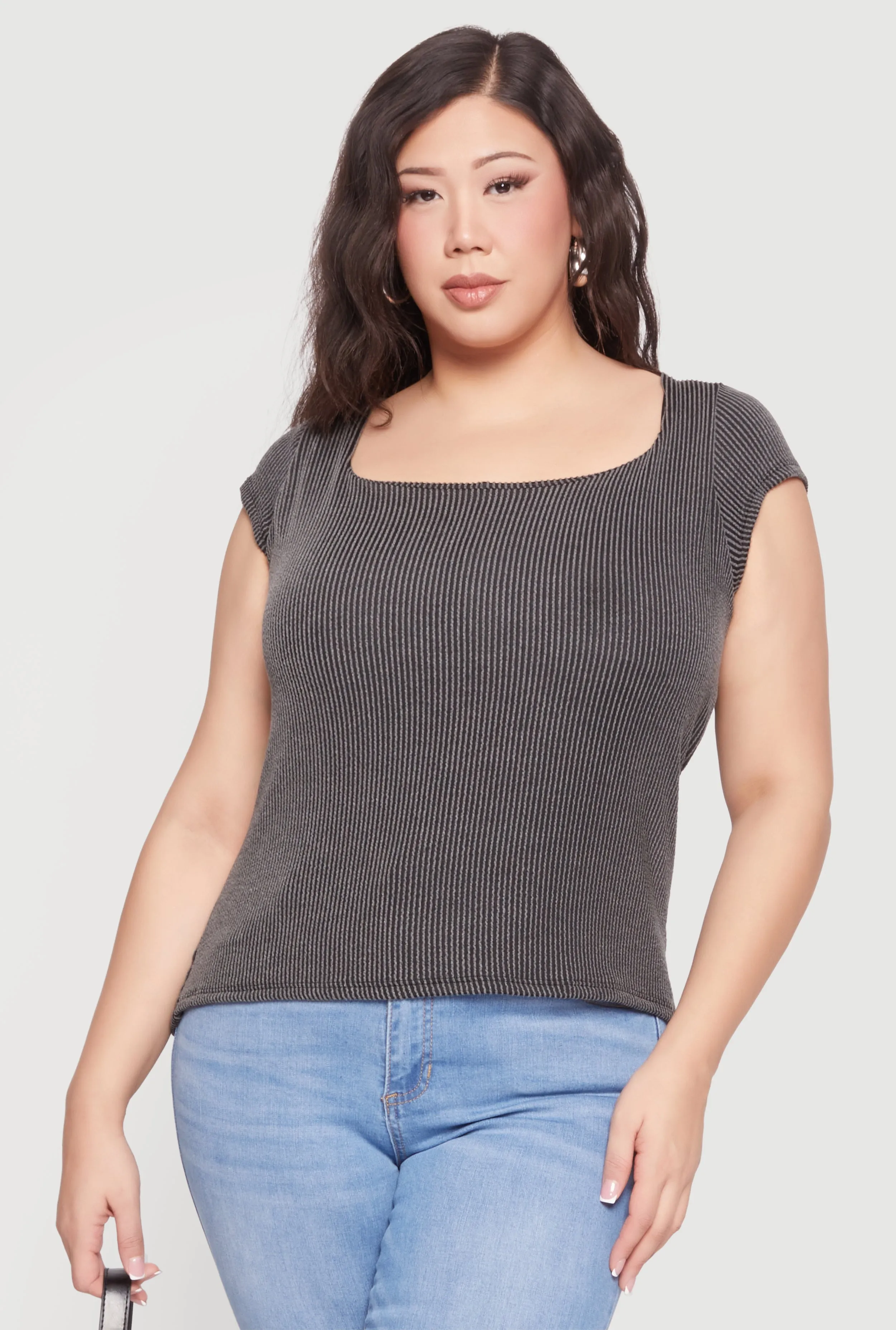 Plus Size Rib Knit Cap Sleeve Square Neck Top sold by Rainbow product image thumbnail 2