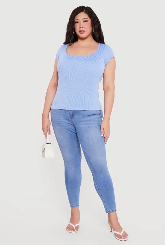 Plus Size Rib Knit Cap Sleeve Square Neck Top sold by Rainbow