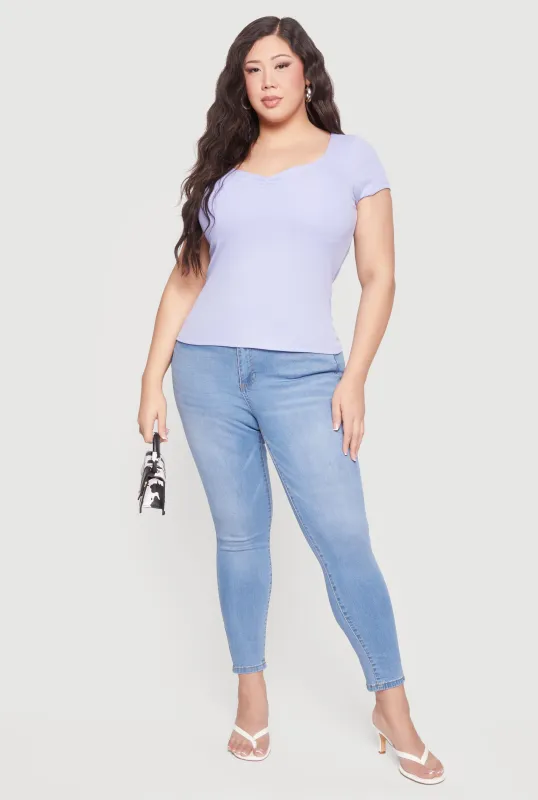 Plus Size Rib Knit Short Sleeve Sweetheart Top sold by Rainbow