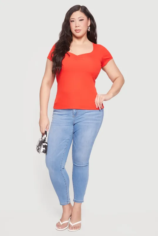 Plus Size Rib Knit Short Sleeve Sweetheart Top sold by Rainbow