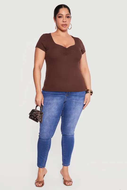 Plus Size Rib Knit Short Sleeve Sweetheart Top sold by Rainbow